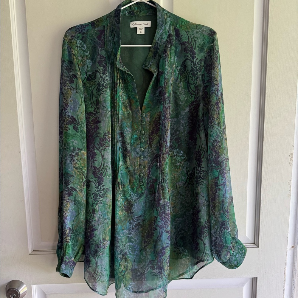 Coldwater Creek Green & Teal Floral Pintuck Button Blouse - Picture 2 of 8